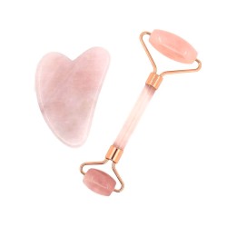 Pack rolo massajador facial+Gua Sha de quartzo rosa - Zen Arome